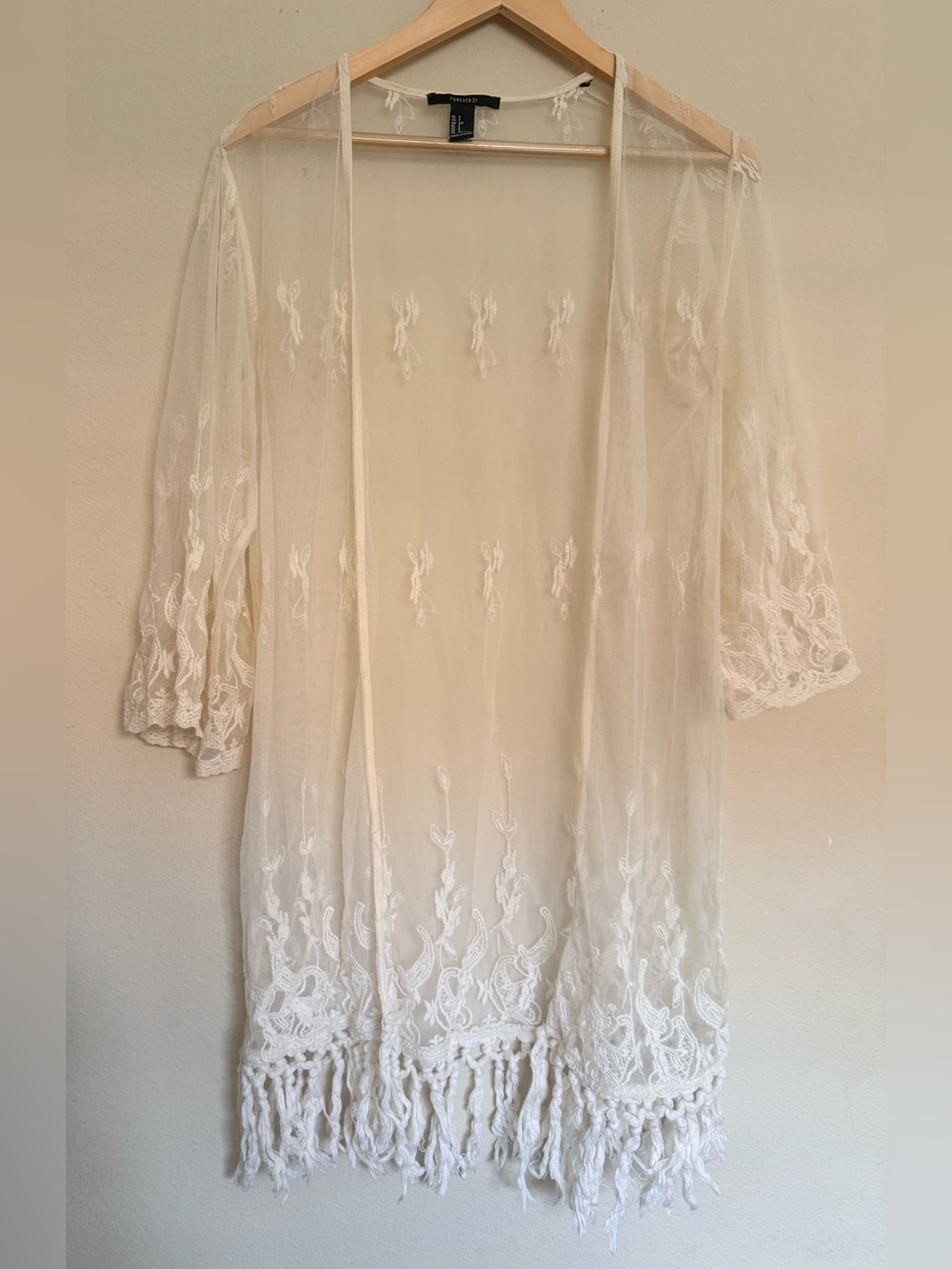 Forever 21 Sheer Embroidered Fringe Kimono Ivory Size Small